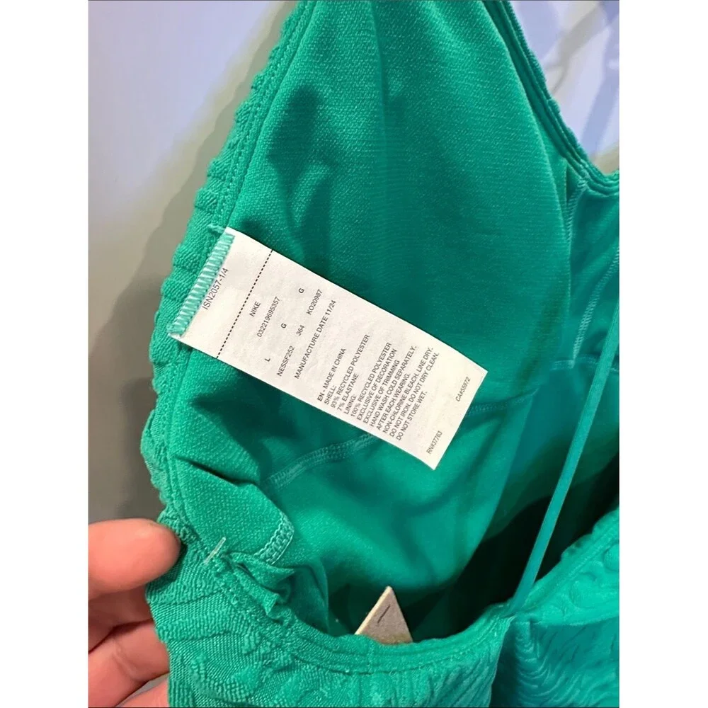 NIKE Swoosh Textured One Piece Swimsuit V Neck Y Back NEW Green Terry Large